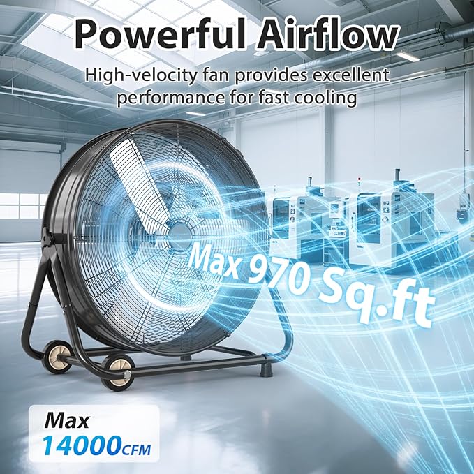 LifePlus 30" Industrial Drum Fan, 14000 CFM 550W High Velocity 3-Speed Heavy Duty Metal Air Circulator with 360° Tilt, Casters Handle for Warehouse Factory workshops Patios Garage