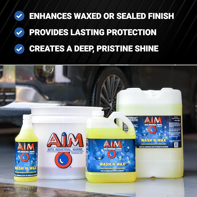 AIM Chemicals Wash N Wax Car Soap - pH neutral for cars, trucks, boats, and RVs. Protects wax and sealants. Use with foam cannon or hand wash. Ideal for detailing and cleaning supplies (AC WW5)
