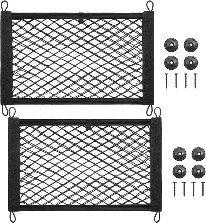 2PACK Small Cargo Nets Elastic Stretchable Pocket Storage Mesh Net Universal Automotive Cargo Netting Storage Pouch with 8Pcs Mounting Screws&Hooks for Car Truck SUV Boats (17.7x9.8 Inch)