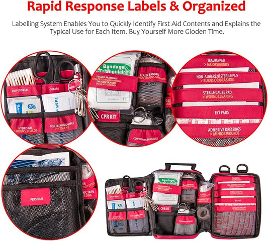 First Aid Kit, Trauma First Aid Kits with Labelled Compartments Molle System, Professional Emergency Kits for Home, Office, Car, Outdoor, Hiking, Travel, Camping