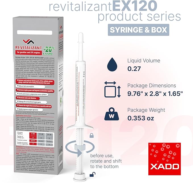 XADO EX120 Motor Oil Additive - Engine Restore - Ceramic-Metal Coating and Revitalizant - Oil Treatment for High Mileage Engines - Restores Worn Metal Parts - for Gas and LPG Vehicles (Syringe 8 ml)