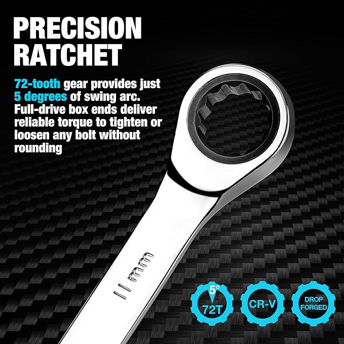 DURATECH 11mm Ratcheting Combination Wrench, Metric, 72-Tooth, 12-Point, CR-V Constructed with Mirror Polish