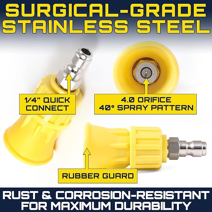 Foam King™ 40° Pressure Washer Nozzle Guard, 1/4” Quick Connect - Stainless Steel Fire Hose Tip with Rubberized Protective Shield for High-Pressure Cleaning, Durable & Universal Fit