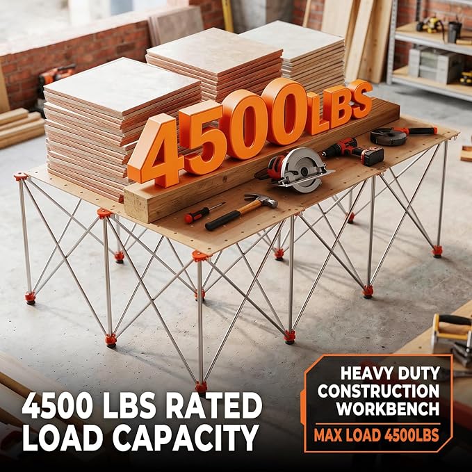 6'x4' Heavy Duty Portable Folding Workstand - 4,500 lbs Capacity Collapsible Workbench with Thickened Legs, Round Steel X-Braces & 4" Adjustable Leveling Feet - Instant Setup for Jobsite & Garage