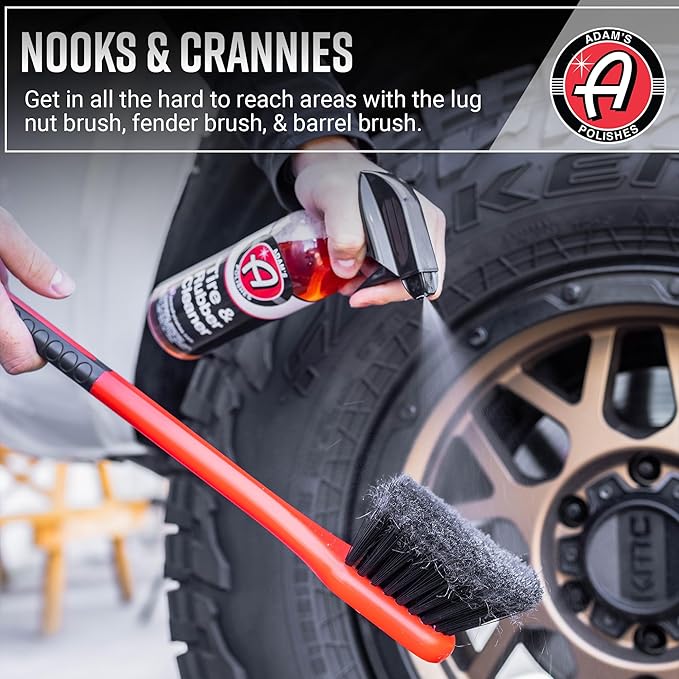 Adam's Wheel & Tire Brush Kit (3-Item) - Includes Wheel Brush, Tire Brush & Barrel Brush for Cleaning Rubber, Plastic, Chrome, Metal, Aluminum, Rim & Spoke Surfaces