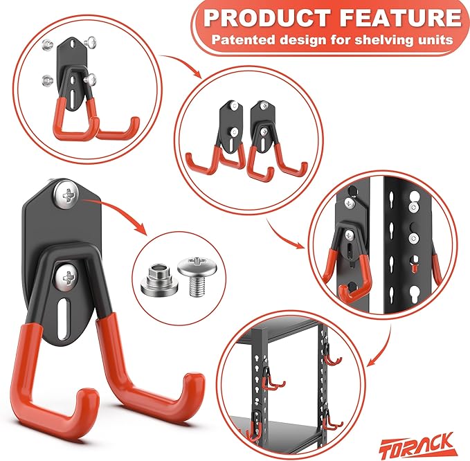 TORACK 15 PCS Garage Storage System Hooks, Shelving Hooks for Keyhole Shelving Units Wall Mount Utility Hooks for Tools, Ladders, Cords, Folding Chairs, Shovels and Rakes(Orange)