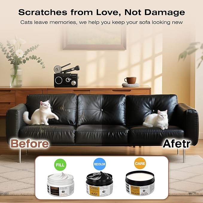 12H Quick-Dry Leather Repair Kit with 3.53Oz Dark Brown Leather Recoloring Balm, Filler & 4.23Oz Care Cream, 3-in-1 Vinyl Repair Set for Sofa, Car Seats, Jackets, Purses, Shoes, Faux Leather and More