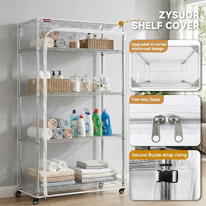 Clear PVC Wire Shelf Cover, 48" W x 18" D x 72" H, 3-Way Opening with Two-Way Zippers, Waterproof Transparent Shelving Cover for Storage Rooms & Utility Areas, Laundry Room, Kitchen & Garage