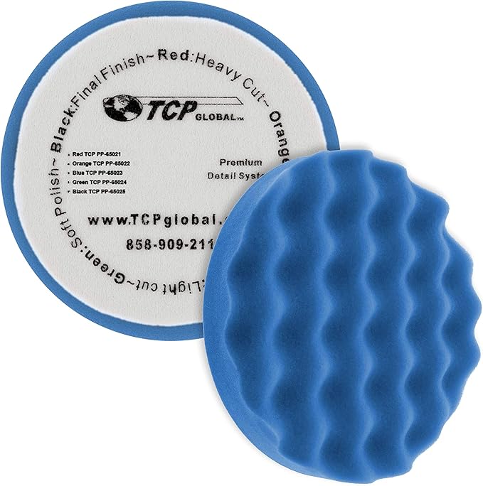 TCP Global 6.5" Blue Waffle Foam Buffing Pad Hook and Loop Backing - Light Cut Pad for Polishing, Automotive, Marine, Truck, RV & Compound Cutting, Car Polishing Pads