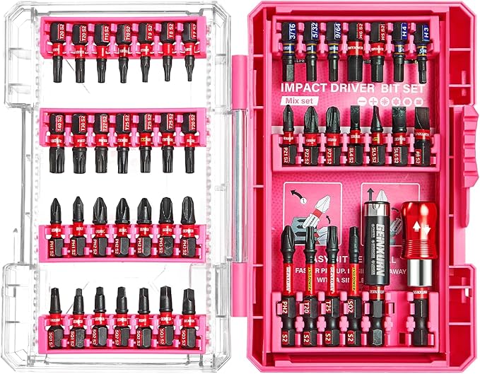 Geinxurn 48Pieces Impact Screwdriver Bits Set, Magnetic S2 Steel Phillips/Slotted/Square/Torx Insert Power Bits Tips, Impact Bit Holder with Pink Storage Box Case