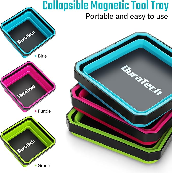 DURATECH Magnetic Foldable Parts Tray Set, 3 Pack Collapsible Silicone Tool Tray Set with Double-Sided Magnetic Base for Organizing Screw Bolts Nuts Washers Pins and Other Small Metal Parts