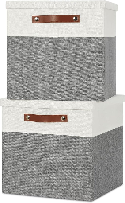 Temary Cube Storage Bins with Lids for Organizing Clothes, [2-Pack] Foldable Storage Boxes with Handles, Closet Storage Baskets for Living Room (White&Gray, 13x13x13inch)