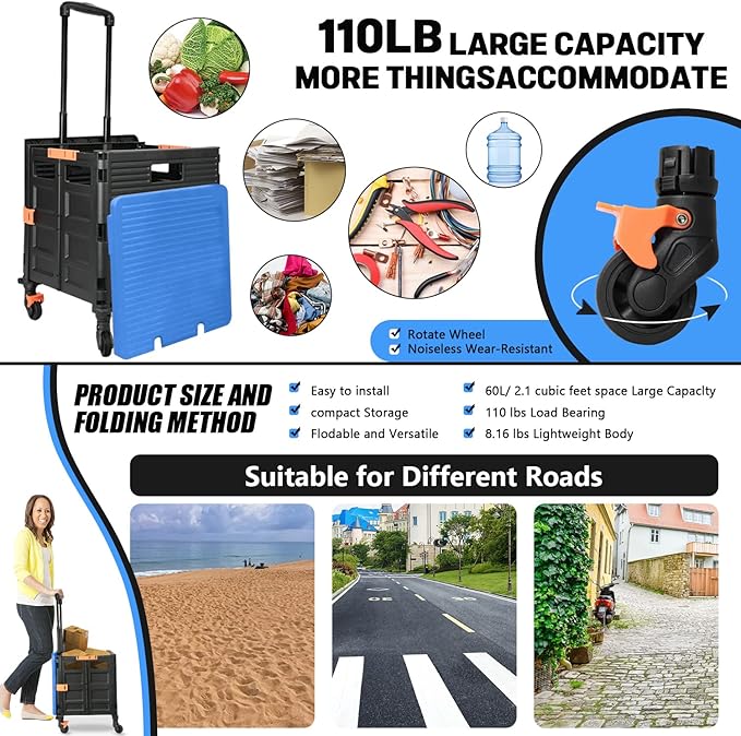 Foldable Utility Cart Folding Portable Rolling Crate Handcart Handcart Shopping Trolley Wheel Box with Lid,360°Rotate Wheels,Heavy Duty Durable Dolly Cart for Teacher Tourist Shopping Office Outdoor
