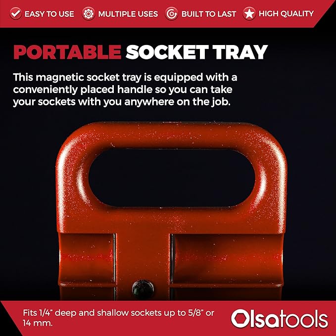 Olsa Tools Magnetic Portable Socket Organizer Tray - 1/4-Inch Drive - Red Holder for Deep & Shallow Sockets - Fits up to 5/8" SAE or 14mm Metric - Quality Tool Organizer for Professionals - Part 1075