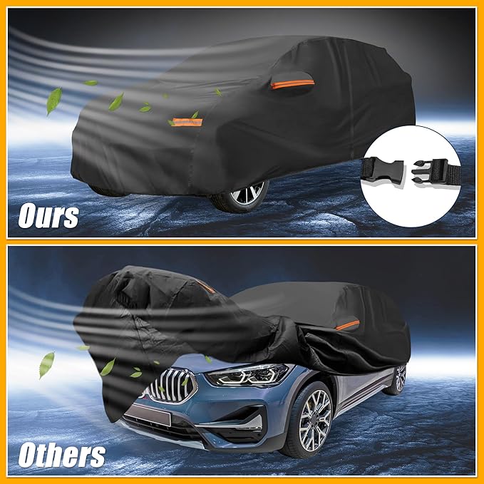 Universal Car Cover Waterproof All Weather 210D-PU, UV Sun Rain Protection, Fits for SUV Length 191"-200", with Left Side Zipper, Black