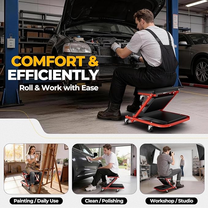 Auto Dynasty 40" Z-Creeper Seat, 2-in-1 Foldable Garage Creeper Shop Seat, 330 LBS Capacity Automotive Mechanic Repair Under Car Rolling Creeper Seat, Red