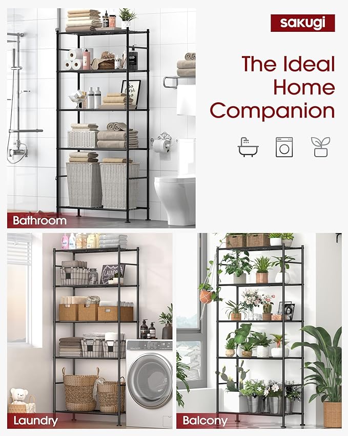 Sakugi Storage Racks - 2 Pack, 5-Tier Freestanding Steel Shelving Units with Reinforced Frame, Adjustable Garage Organization Shelves for Warehouse, Basement, Workshop, 33.5" x 12.6" x 72", Black