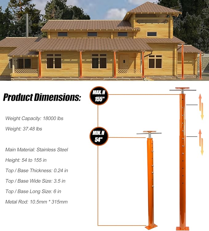 54"-155" Floor Jack Stands Pole Adjustable Construction Leveling House Jack, 18,000 lbs Max Capacity, Telescoping Heavy Duty Jack for Basement Crawl Space Support