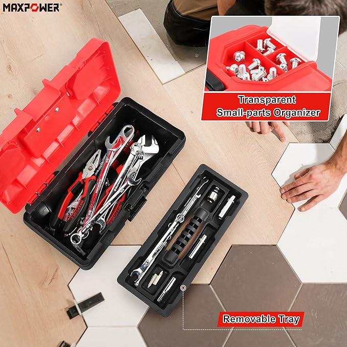 MAXPOWER Small Tool Box, 14-inch Plastic Tool Boxes with Handle, Removable Tray with Dual Lock Secured, Red Toolbox for Home