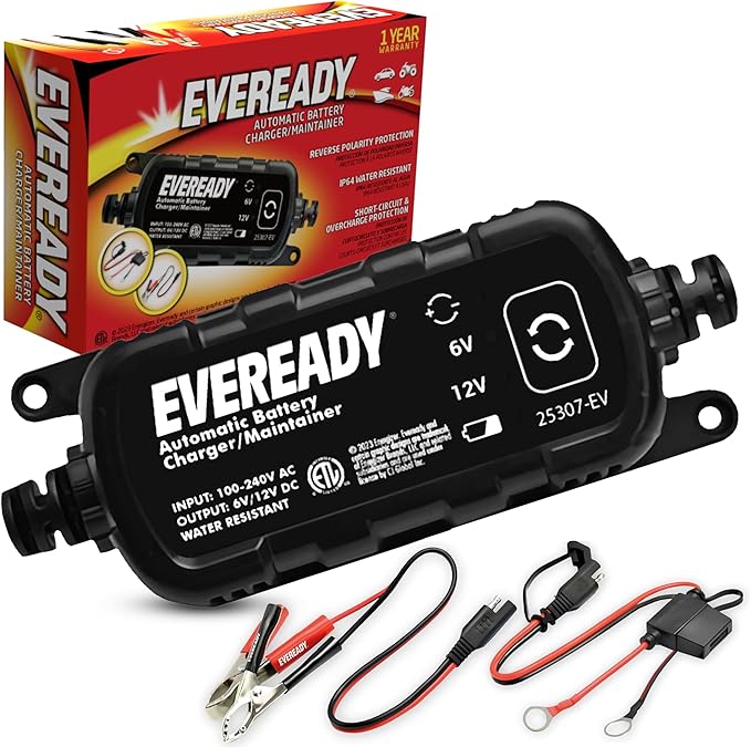 Eveready 1.2A Car Battery Charger – Automatic Float Trickle Charger for Car Battery 12V & 6V Lead Acid, Portable Car Battery Charger and Maintainer with Overcharge & Short-Circuit Protection