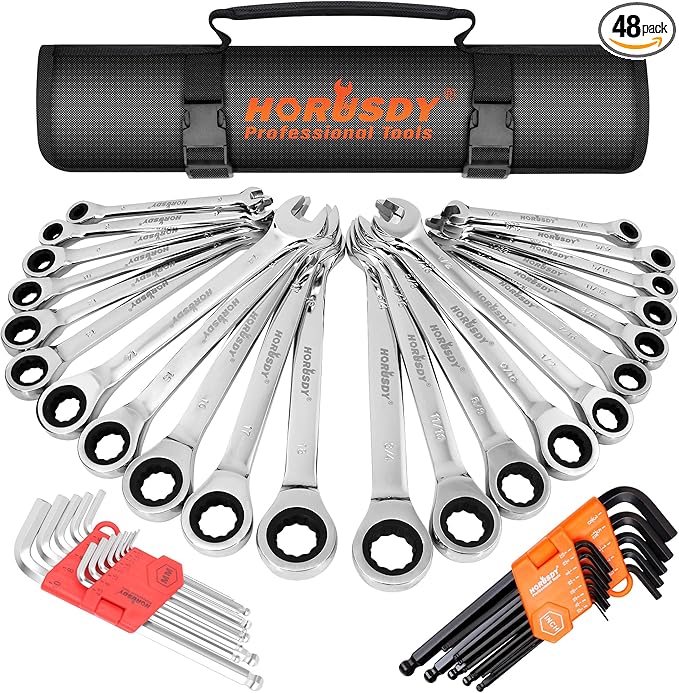 HORUSDY Ratcheting Wrench Set | 48-Piece | Cr-V Steel | 72 Teeth Ratchet Wrench 6-18mm & SAE 1/4-3/4" | with Roll Up Pouch and Allen Wrench