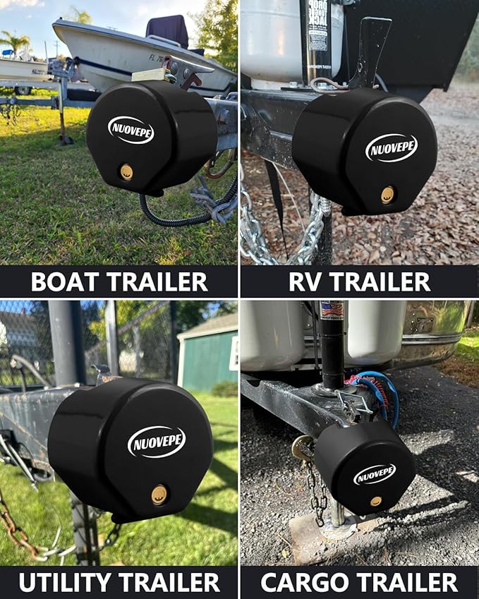 Heavy Duty Anti Theft Trailer Lock, Universal Fit 1-7/8", 2" and 2-5/16" Couplers, Reinforced Solid Steel Tow Lock for Trailer Tongue, Hitch Lock for RV, Cargo, Boat, Camper, Utility (Black)