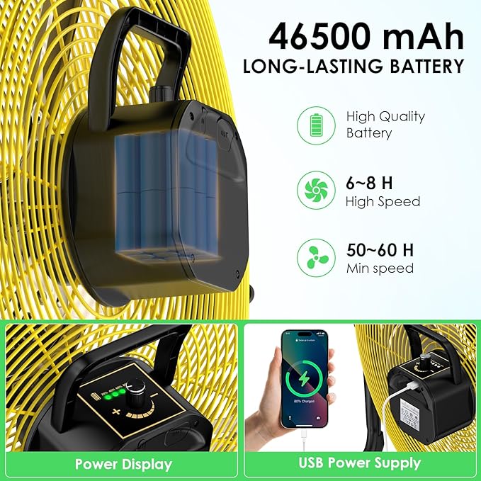 20'' Large Solar Fan, Battery Operated Camping Fan for Outside, Portable Rechargeable Cordless Floor Fan, 360° Tilt, USB Output, Wireless, for Home Garage Outdoor Patio Gazebo Greenhouse RV