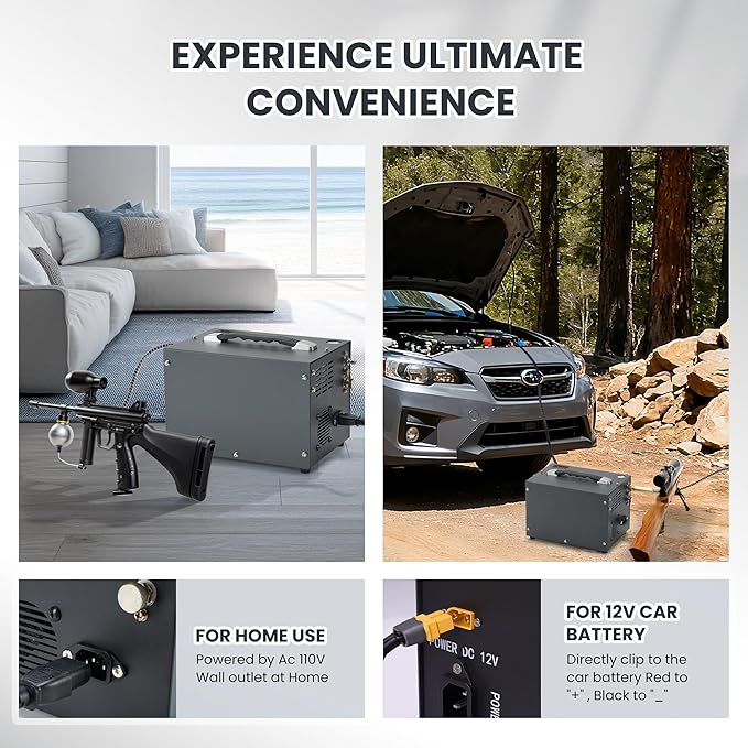 PCP Air Compressor with Manual Shut Down, 4500Psi/30Mpa, Water/Oil-Free, Powered by 12V DC/120V AC, Fan Cooling System, PCP Compressor for Air Rifle, Paintball and Scuba Tank Compressor Pump (Gray)
