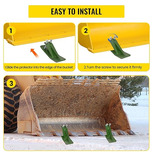 2Pcs Tractor Bucket Protector, Skid Edge Guard - Double Lock Nuts & Bolts, 4.5" Width Green Steel Plate, Universal Fit for 60" to 72" Loaders, for Snow Removal, Gravel, Leaves Spreading