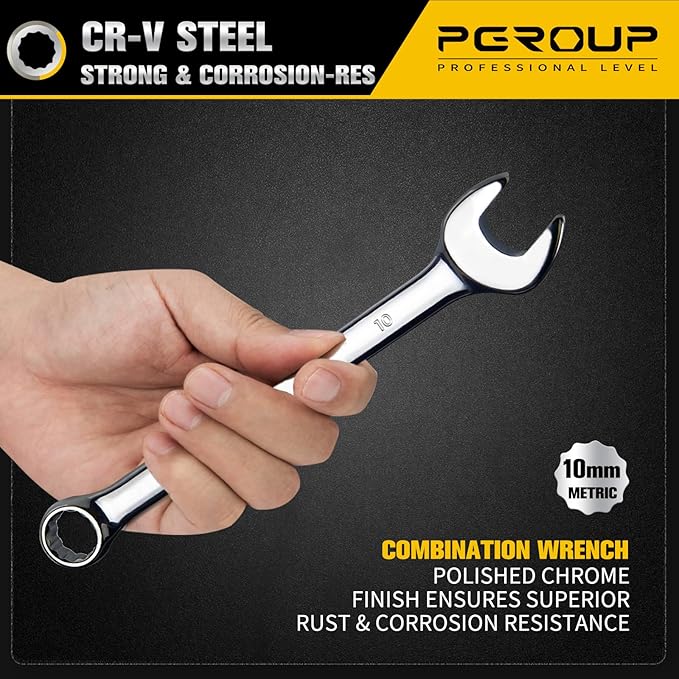 10mm Metric Combination Wrench, CR-V Steel with Mirror Polish, 12-Point Design, 15-Degree Offset, Perfect for Auto Repair, Household, Car & Truck Emergency