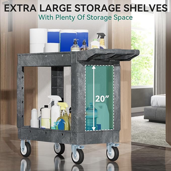 YITAHOME 550 LBS Heavy Duty Utility Cart on Wheels, 2 Shelves Service Cart, Plastic Rolling Tool Carts with Wheels, Gray Maintenance Push Carts for Garage, Home, Restaurant, Jobsite, Office