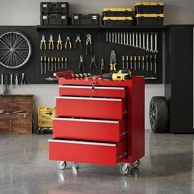 IDEALHOUSE Rolling Tool Chest, 4 Drawers Tool Storage Cabinet, Toolbox with Wheels, Portable Tool Cabinet Organizer with Locking System & Drawer Liners, Tool Storage Cart for Garage, Workshop, Red
