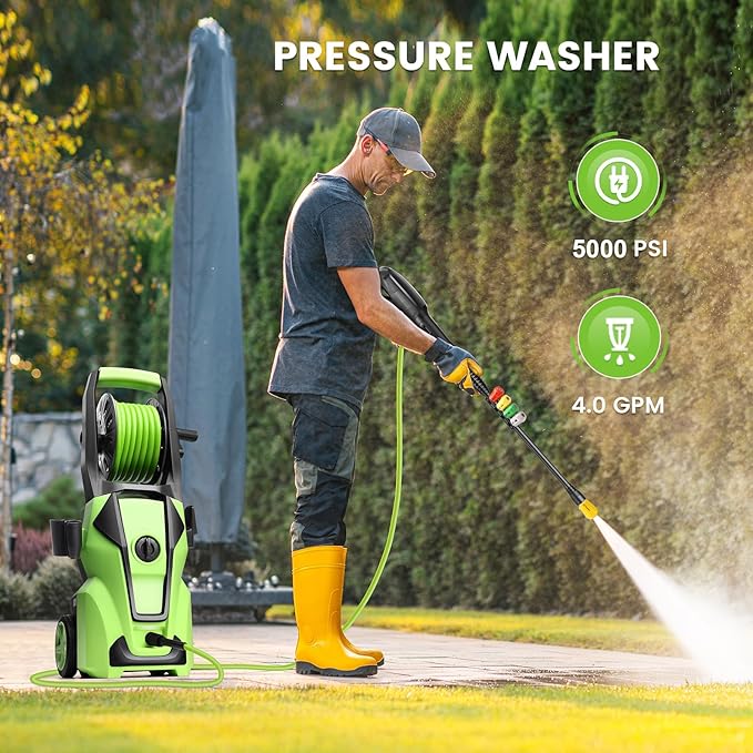 Pressure Washer 5000PSI Adjustable Pressure Power Washers with 33ft Hose, 4 Nozzle and Foam Cannon, Powerwashers Cleaner Machine for Home, Cars, Mint Green