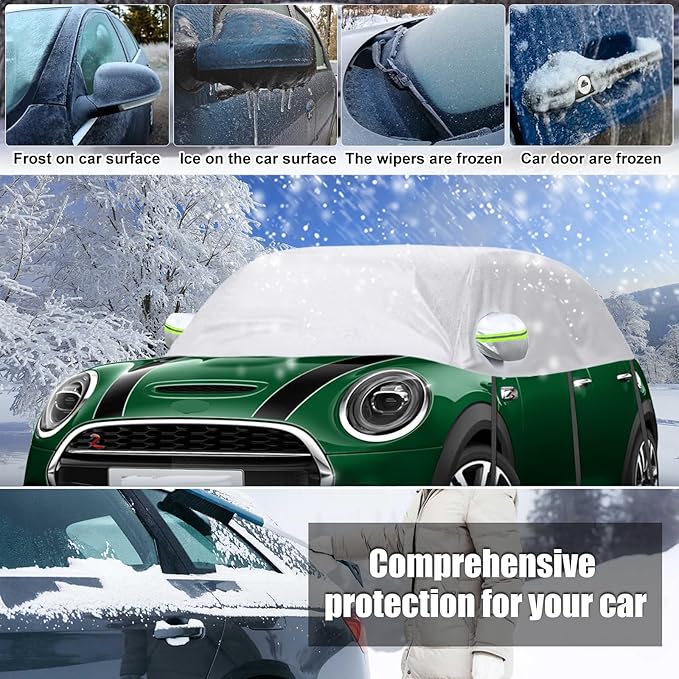 300D Silver Oxford Half Car Cover Compatible with 2000-2024 Mini Cooper/S/Hardtop 2 Dr, Protector Car Body Covers for Windproof Dustproof UV Resistant Protect Your Windshield and Roof