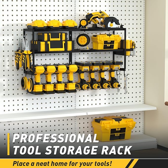 Power Tool Organizer Wall Mount Christmas Gifts for Fathers Dad, Extra Large Layers Heavy Duty Metal Organization Loads 300lbs with 8 Cordless Drill Holder, Tool Shelf for Workshop, Utility Racks