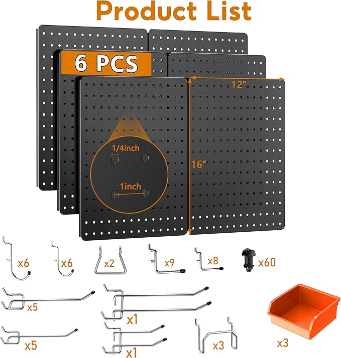 Peg Board, 112PCS Heavy Duty Metal Pegboard with Hooks, 6 Pack Black Peg Board Panels, 60lbs Load Capacity Each, Pegboard Wall Organizer for Garage, Workshop, Kitchen, Craft Rooms