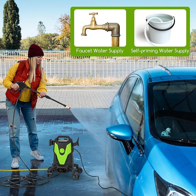 Goplus Electric Pressure Washer, 2400 PSI 1.7 GPM High Pressure Power Washer w/4 Quick Nozzles & Universal Wheels, Portable Pressure Washer IPX5 Car Wash Machine, Cleaning Garden Car Floor (Green)