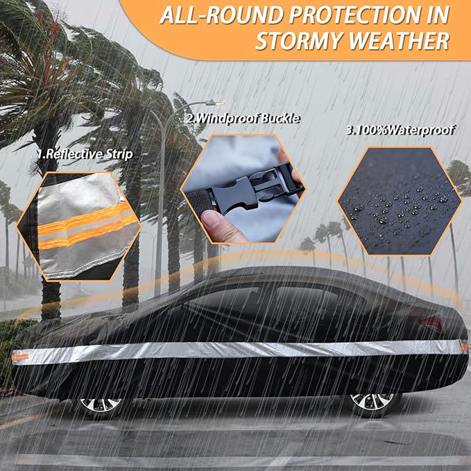 Lightweight Car Cover Waterproof All Weather for Automobiles, Universal Fit Dodge Charger/Challenger, Audi A6/A7/A8, Lexus ES350, Volvo S90, Cadillac Seville etc.(Fit Sedan, 194"-206")