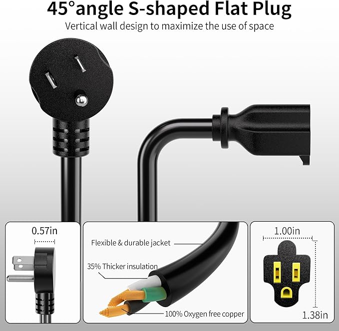 Vockjour 1 FT 3 Pack Black Short Low Profile Flat Plug 14 Gauge Heavy Duty Extension Cord, 14AWG 3-Wire Grounded Appliance Extension Cord, 15A/125V/1875W SJTW ETL Listed Power Cord