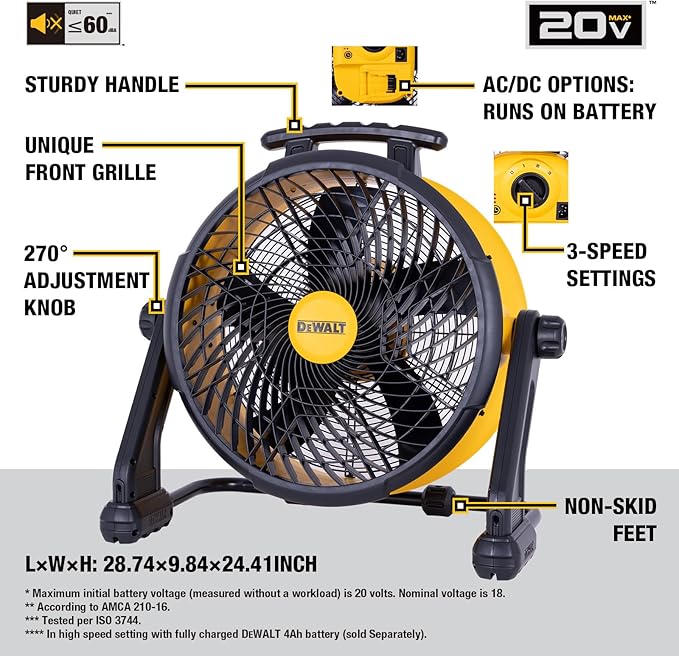 DEWALT Industrial High-Velocity Floor Fan AC/DC Dual Power Supply, 270° Adjustable Tilt Design 3-Speed 4000 CFM 6 ft Cord 18-Inch Barrel Fan, DXF1850B (Tool Only)