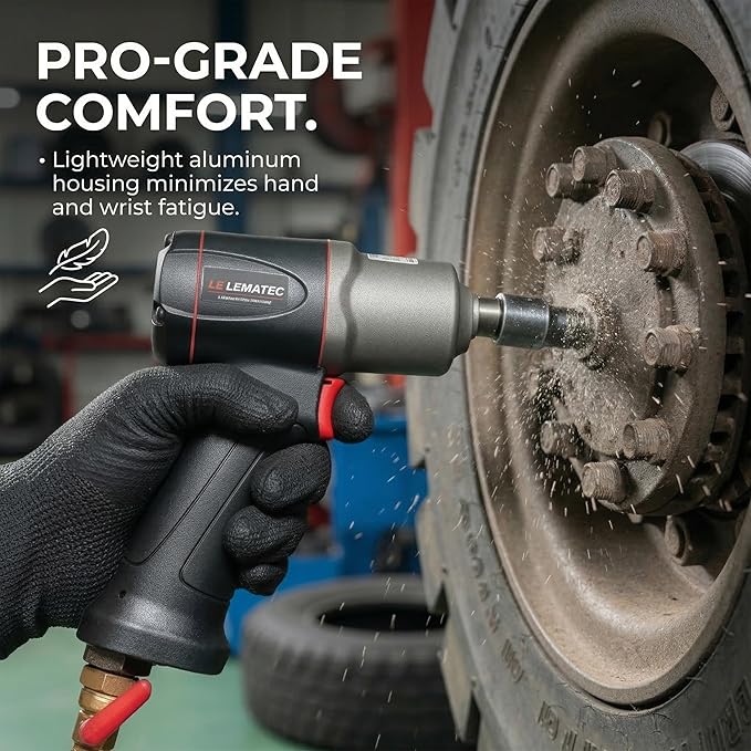 LE LEMATEC 1/2" Impact Wrench - High Torque 1000 ft-lbs, Twin Hammer Pneumatic Impact Gun, Lightweight Aluminum Housing, 8500 RPM for Auto Repair & Tire Shops - LE-IWT-R102