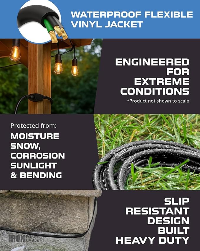 Iron Forge Cable 10 Ft Black Extension Cord, 16/3, 10 Foot Extension Cord, 3 Prong, Weatherproof - Great for Outside Use
