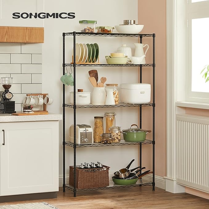 SONGMICS 5-Tier Storage Shelves, Wire Shelving Unit, Kitchen Metal Shelves, Storage Rack with Adjustable Shelves, Shelf Liners, 8 Hooks, for Garage, 11.8 x 35.4 x 63 Inches, Black ULGR095B01