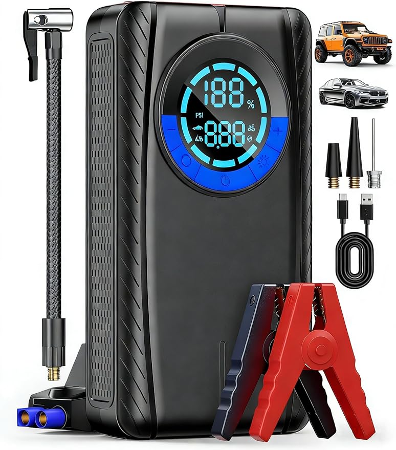 Jump Starter with Air Compressor, Car Battery Jump Starter (8.0 Gas/7.0L Diesel), Battery Jumper Starter Portable Jump Box, 12V Portable Car Jump Starter with Tire Inflator, LED Light (Retro)