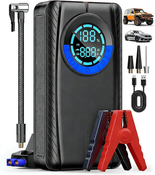 Jump Starter with Air Compressor, Car Battery Jump Starter (8.0 Gas/7.0L Diesel), Battery Jumper Starter Portable Jump Box, 12V Portable Car Jump Starter with Tire Inflator, LED Light (Retro)