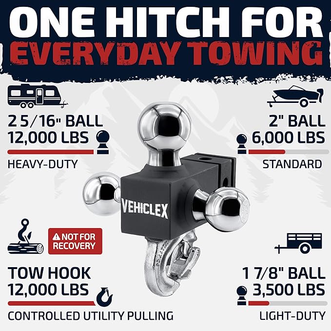 Vehiclex 6" Adjustable Drop Hitch for 2" Receiver, Heavy-Duty Tri-Ball & Tow Hook with Keyed-Alike Pin Locks for SUVs & Light-Duty Trucks, Solid Steel Design