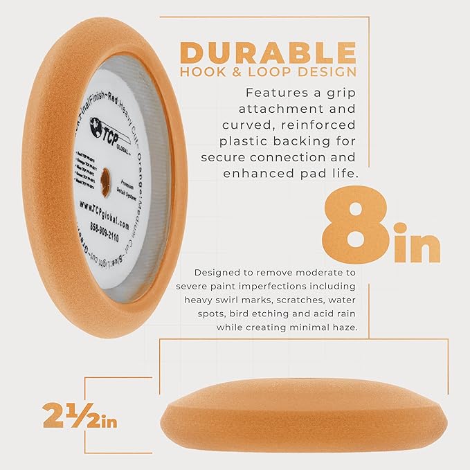 TCP Global 8" Orange Foam Buffing Pad Extra Coarse Cutting Polish Hook and Loop Backing - Buffing Pad for Automotive, Marine, Truck, RV & Compound Cutting