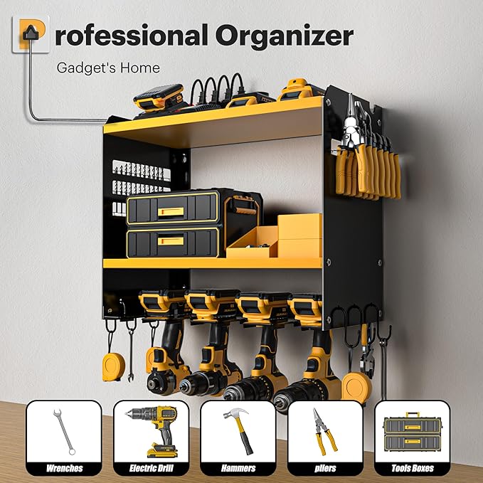 Spampur Power Tool Organizer Wall Mount with Charging Station, Tool Battery Holder with 4 Outlet Power Strip15 Min Assembly & Maximum 100lb Load by Heavy Duty Metal, 4 Slots for Cordless Drill