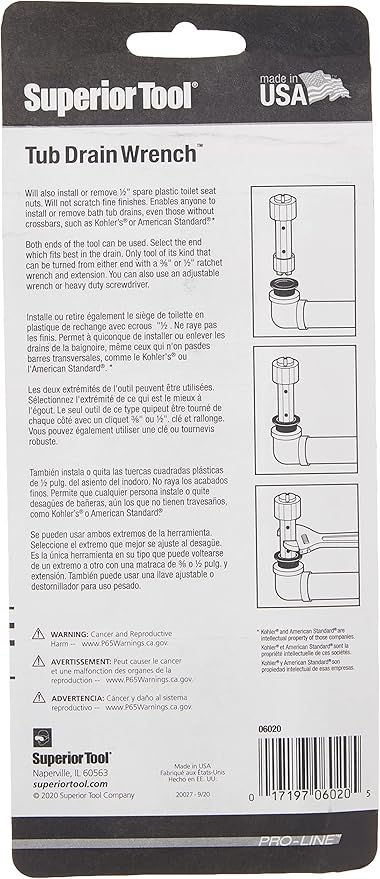 Superior Tool 06020 Tub Drain Wrench (Dumbell Wrench)-Dual Ended Drain Wrench that fits 3/8 or 1/2 Inch Ratchet Wrench