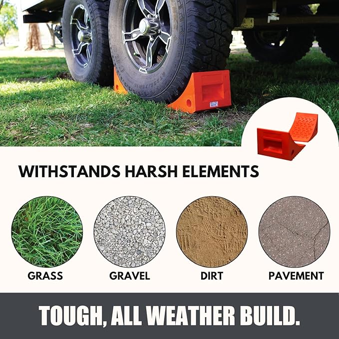 SECURITYMAN 4 Pack Wheel Chocks - Constructed of Heavy Duty Solid Polyurethane Rubber for 20,000 lbs - Great for RV, Camper, Truck, Travel Trailer Wheel Chocks - All Surfaces and All Weather - Orange